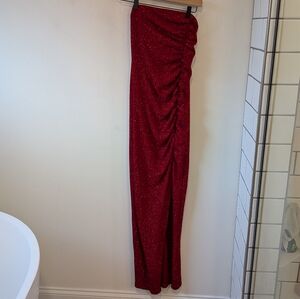 VTG 90s y2k Rampage Red Glitter Strapless Maxi Bodycon Ruched Dress Medium